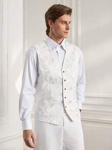 Officeau Áo vest công sở nam màu trắng in hình trăng khuyết, cổ chữ V, cài cúc phía trước, thích hợp cho trang phục trang trọng, dự tiệc cưới hoặc các dịp lễ hội. - trắng - Xem 4