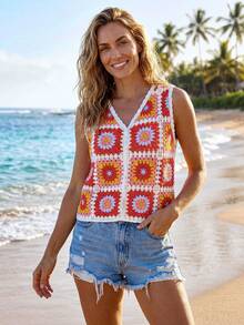 Sylviya 女士V领钩针无袖休闲度假针织上衣，夏季上衣，海滩度假，海滩假期 - 彩色 - 查看 4