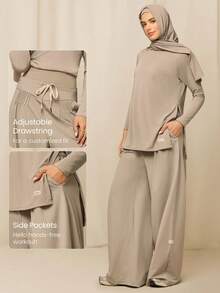 GLOWMODE X Reem Modest All-Day Ease Cooling Quick-Dry Sun Protection Adjustable Drawstring Waist Slip Pockets Wide-Leg Pants Training Running Workout Gym Daily - Khaki - View 4