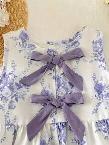 Babygirl Cute Floral Print Bow Tie Camisole And Pants Set, Summer Vacation - Mauve Purple - View 3