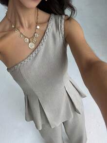 Aloruh 编织肩部褶皱荷叶边衬衫+阔腿裤两件套通勤套装 - 杏色 - 查看 6