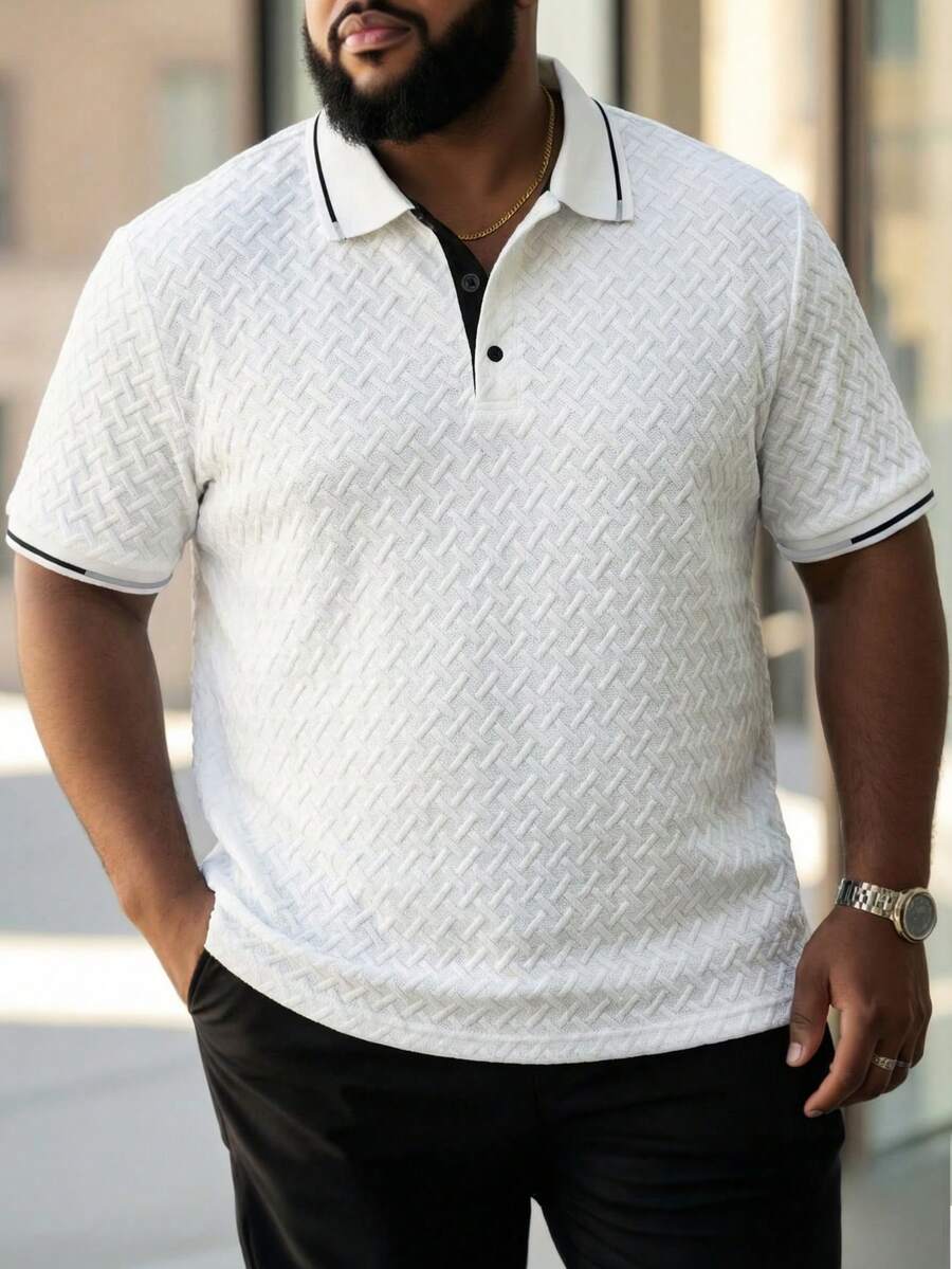 Manfinity Homme 大码男士条纹短袖休闲商务 Polo 衫 - 白色 - 查看 1