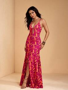 JIAN LASALA All-Over Print Knit Jersey Spaghetti Straps Low-V Neck Women Sleeveless Maxi Dress Summer - Red - View 4