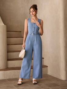 Selenza Women's Casual Everyday Wear & Date Outfit Denim Jumpsuit With Pockets - Blue - View 3