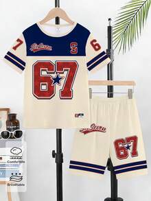 Spring And Summer 5-Piece Set: Casual Stylish Tee With Creative 67 Star Graphic, Striped Pattern, And Slogan Print, Paired With Comfortable Shorts. Suitable For Boys Everyday Wear In Spring And Summer - Multicolor - View 3