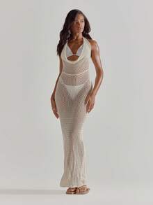 MUSERA Crochet Cowl Neck Backless Maxi Dress Cover Up Beachwear Summer Solid Colour Holiday Sexy Vacation Spring - Apricot - View 5