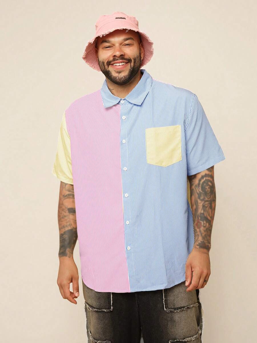 EASEVO Camisa de manga corta tejida de corte holgado y de múltiples colores a rayas, adecuada para el verano, talla grande para hombre - Multicolor - Ver 1