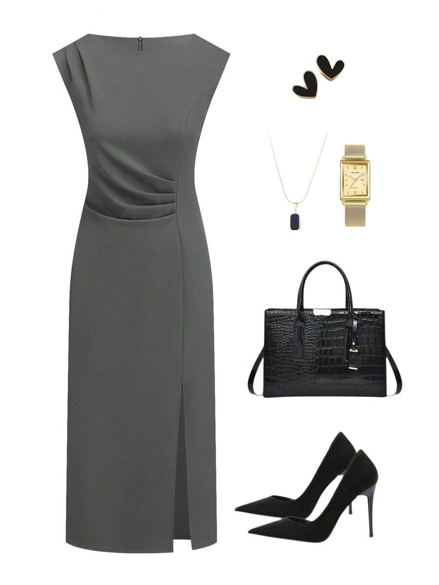 Ellevyn Women's Solid Color Pleated Elegant Waist-Cinched Mid-Length Dress, Suitable For Daily Office Wear Office Siren Outfits - Grey - View 1