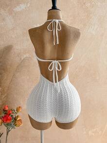 Soleia Women's Autumn Vacation Outfit - Ombre Knit Deep V-Neck Backless Jumpsuit, Sexy & Fashionable Fitted Romper For Party, Date, Afternoon Tea, Boho Beach - White - View 2