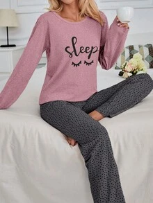 EURMUSE 100 % bomull, 2 delar pyjamasset med ögon och hjärtan - Dammrosa - Visa 4