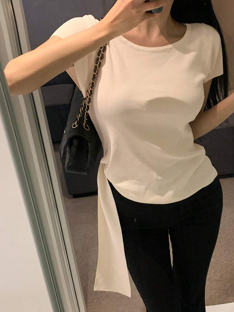 Women's Solid Color Loose Crew Neck Short Sleeve Tie-Up Casual Vacation Lightweight Knit Top, Summer