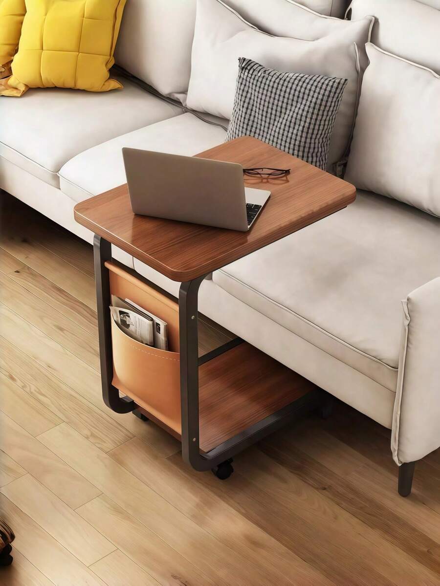 Mobile C-Shaped End Table With Wheels & Storage Pocket - Fits Over Couch/Bed, Portable Side Table For Living Room, Balcony
