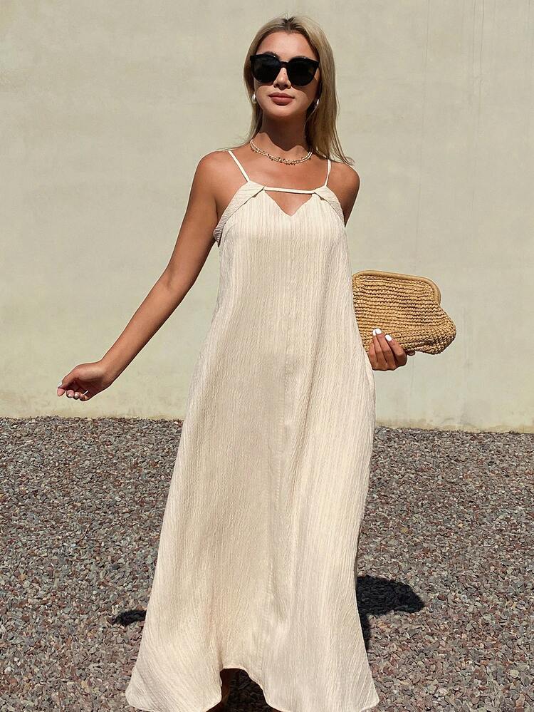 Women's Elegant Solid Color Spaghetti Strap Tie Waist Mid-Length Dress, Summer Sundress
