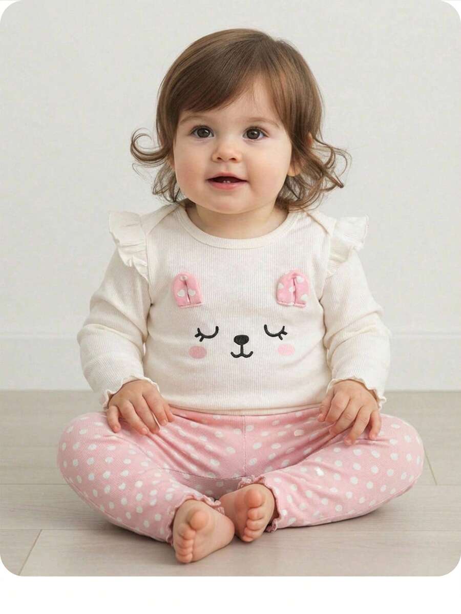 新生女宝宝可爱休闲针织卡通图案上衣和粉色裤子睡衣套装 - 粉色 - 查看 1