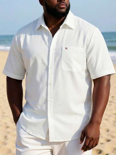 ResortEase 大码男士休闲纯色前扣口袋装饰短袖衬衫，夏季，外出