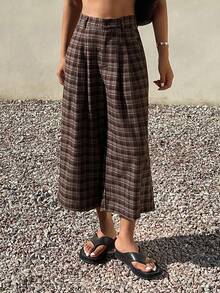 DAZY Contrast Color Plaid Loose Capri Pants, Casual Women Trousers For Spring & Autumn - Brown - View 7