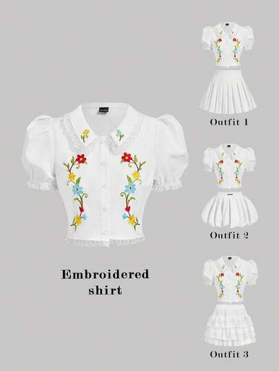 SHEIN MOD Embroidered Collar Puff Sleeve Cropped Button-Up Shirt.White Blouse Puff Sleeves Colorful Floral Embroidery Cropped Length Lace Trim Button Front Collared Neckline Delicate Stitching Playful Summer Style Feminine Lightweight Soft Texture Gentle Sheen Airy Look Vintage-Inspired Romantic Charming Intricate Details Breathable Relaxed Fit