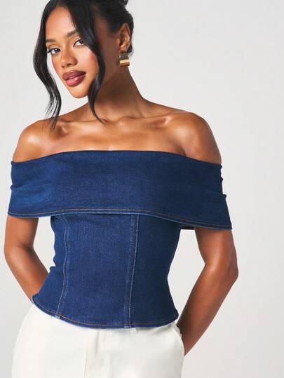 MISSGUIDED Women's Off Shoulder Stretch Denim Bardot Top With Fold Over Detail Medium Wash Blue Jean Crop Blouse Fall Fashion Casual Wear
