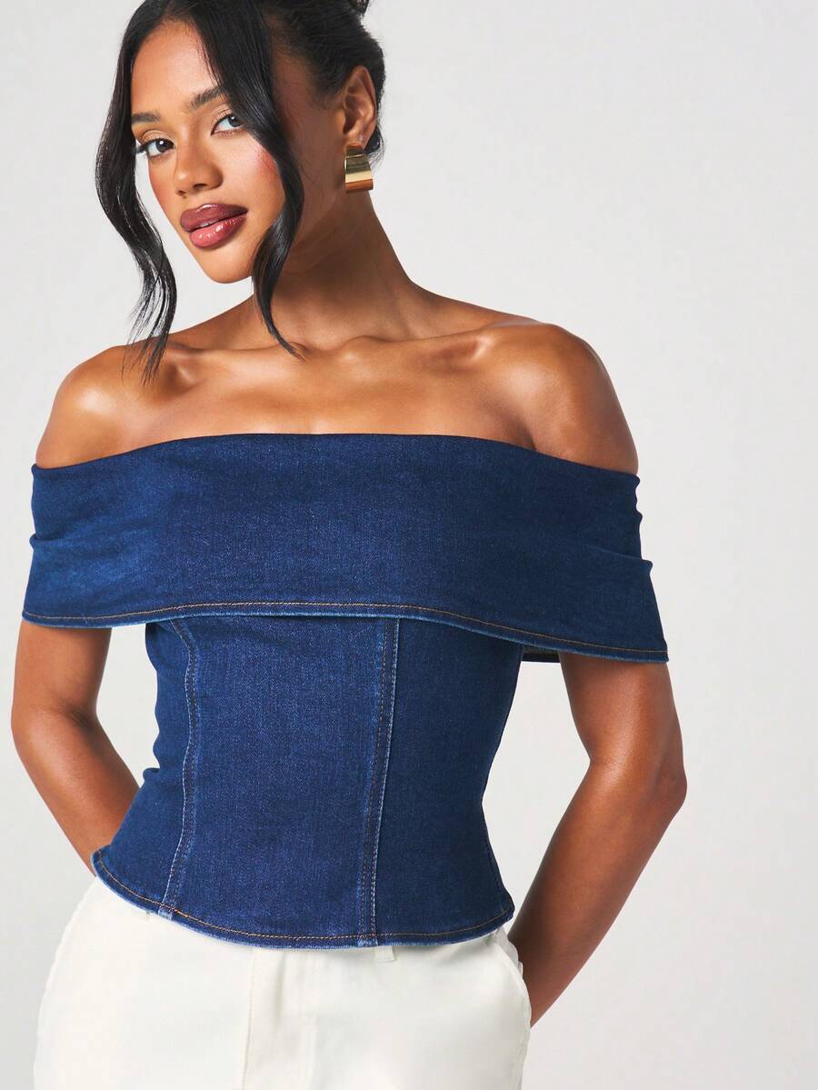 MISSGUIDED Áo croptop denim co giãn trễ vai dành cho nữ, có chi tiết gập vạt, màu xanh denim trung bình, kiểu dáng thời trang mùa thu, thích hợp mặc thường ngày. - Màu xanh lam - Xem 1