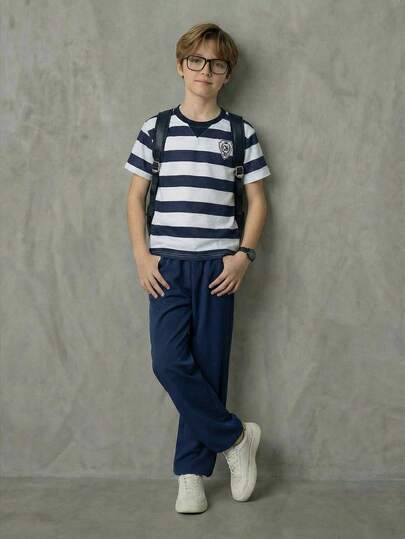 SHEIN Casuvi Kids 2pcs Boys' Striped Shield Logo Knit Casual Loose Comfortable T-Shirt And Elastic Waist Pants Set Boys Casual Pants Suit Outfit