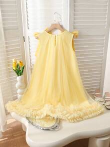 SHEIN Elladie kids 少女优雅公主裙，可爱3D蓬蓬薄纱裙摆，肩部蝴蝶结装饰，A字无袖连衣裙，适合派对、生日、外出、表演等场合 - 黃色 - 查看 2