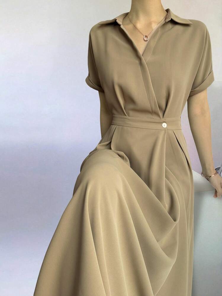 Women's Solid Color Short Sleeve Waist Button Design Casual Shirt Dress Summer