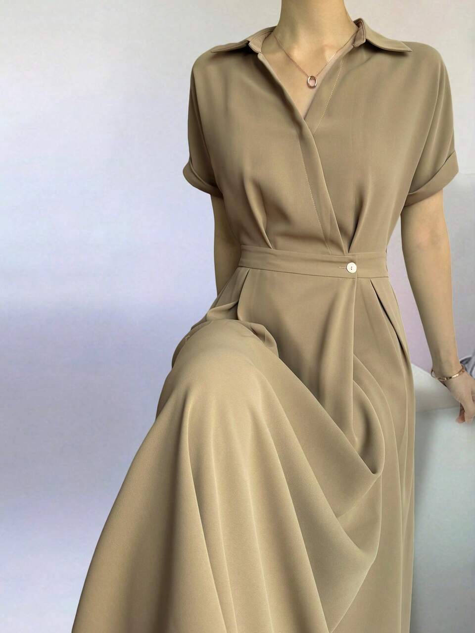 Women's Solid Color Short Sleeve Waist Button Design Casual Shirt Dress Summer Sun Dresses For Women
