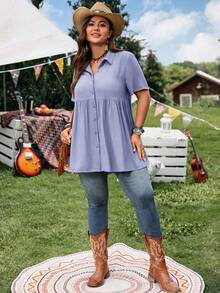 EMERY ROSE 短袖蓝色纽扣衬衫，休闲度假衬衫，后摆加长，大码，适合春夏穿着 - 淺藍色 - 查看 3