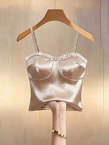 GlowEve Fashionable Casual Elegant Vacation Women's Outgoing Sexy Party Pearl Collar Design Camisole Crop Top, Solid Color Stretch Satin Women Blouse - Champagne - View 1