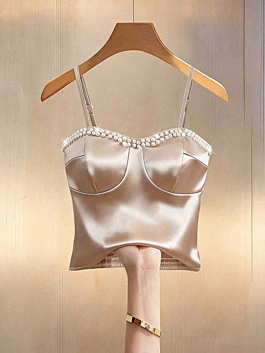 GlowEve Fashionable Casual Elegant Vacation Women's Outgoing Sexy Party Pearl Collar Design Camisole Crop Top, Solid Color Stretch Satin Women Blouse - Champagne - View 1