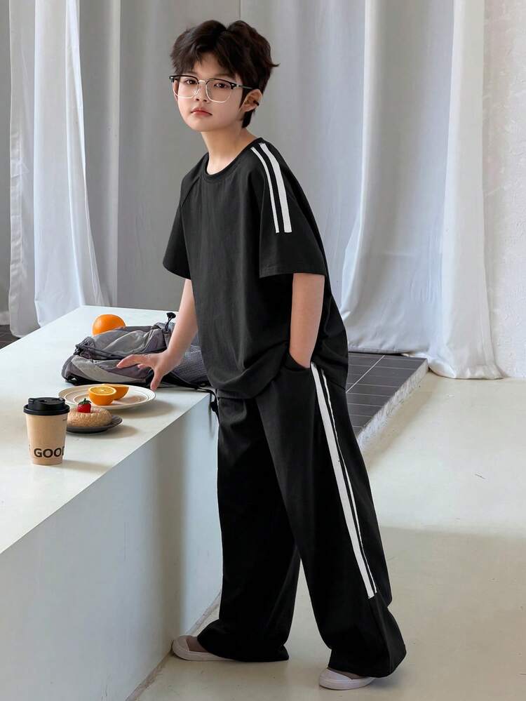 Tween Boy Summer Casual Contrast Stripe T-Shirt And Pants Set