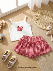 Cozy Pixies 2pcs Baby Girl Knitted Solid Cherry Embroidery Camisole And Woven Patch Shorts Set - Red and White - View 8