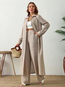 Cloudara Conjunto de 2 piezas con aspecto de lino para mujer - Camisa larga y pantalones de cintura alta con cinturón, lino sintético - Beis - Ver 4