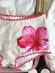 Costavie 女士沙滩套装，花卉图案印花，撞色滚边，时尚休闲度假性感甜美挂脖比基尼套装 - 彩色 - 查看 5