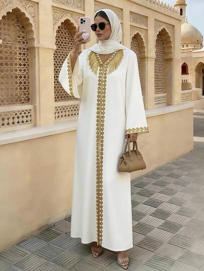 Elenzga Apricot V-Neck High-End Design Front & Middle Embroidered Lace Trim Loose Lantern Sleeve Dress, Elegant & Graceful For Valentine's Day, Easter, May Day, Birthday, Date, Party, Formal Occasion, Teacher's Outfit, Travel, Spring/Summer