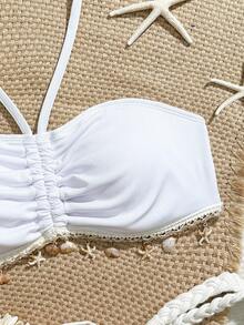 Swim Mod Plus Size Solid Color Halter Ruched Shell Trim Bikini Top, Ribbed Fabric With Drawstring, Halter Strap, Shell Decor, Vacation Beach Swimwear - White - View 4