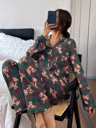 Women's Bear Plaid Print Lapel Long Sleeve Top And Pants Pajama Set Valentine's Day Lace Teddy Bear Pajama Set Fall Pajamas Women Comfy Pajamas Set Adult Pajama Sets For Women Winter Pajamas Women Winter Pajamas For Women Button Up Pajamas Set Pajama Sets For Women Long Sleeve Women Loungewear Dinosaur Pajamas Women