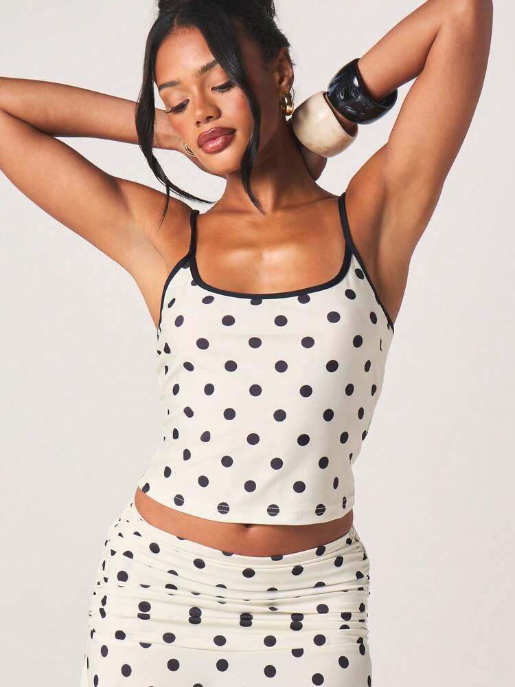 MISSGUIDED Women's Retro Polka Dot Contrast Trim Camisole Top Vintage Pin Up Style Summer Sleeveless Blouse With Scoop Neckline And Adjustable Straps For Casual Everyday Wear