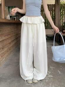 DAZY Quần nữ dáng suông rộng, có bèo nhún, dây rút, cạp chun, kiểu dáng thường ngày. - trắng - Xem 5