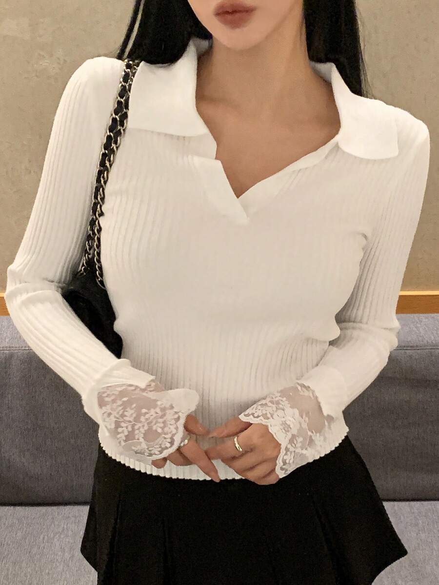 DAZY Women's Solid Color Lace Patchwork Fitted Long Sleeve Sweater - White - View 1