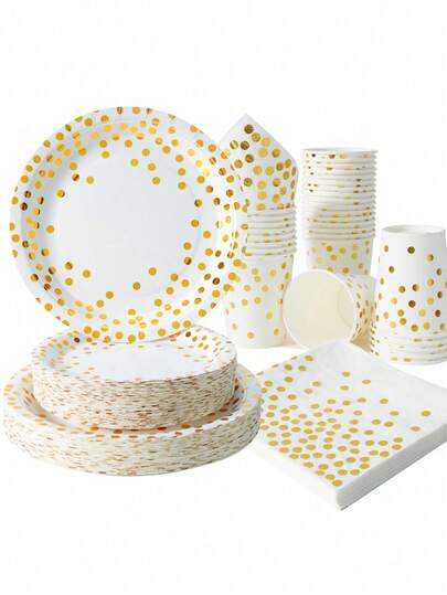 White And Gold Party Supplies Set, Disposable Plates, Cups, And Napkins For Parties, Suitable For 25 Guests, Dotted Disposable Paper Plates, Dessert Plates, White Paper Party Plates, Suitable For Birthday Gift Giving, Weddings, And Other Party Tableware