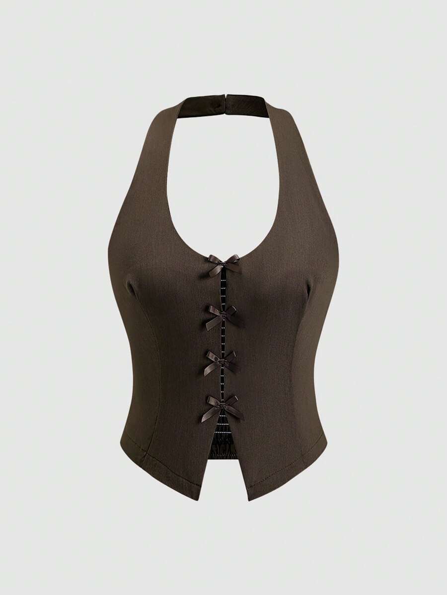 Sweetra 女士优雅蝴蝶结装饰露背吊带背心,夏季女士束身胸衣上衣,女士上衣 - 棕色 - 查看 1