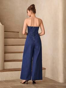 Selenza Women's Button Design Pleated Wide Leg Loose Denim Jumpsuit - Blue - View 2