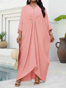SHEIN Lady Plus Size Women's Dusty Pink Modest Kaftan Dress,Summer Loose Robe For Al-Adha,Tea Party,Bridal Shower,Vacation Beach Swimsuit Cover Up,Long Robe Fall - Pink - View 6