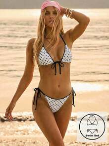 Aralina Set Bikini Dua Potong Motif Bunga untuk Liburan Musim Panas di Pantai, Model Segitiga dengan Tali Depan dan Tali Samping, Dilengkapi Tas Renang. - Putih - View 2