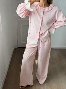 DAZY 2pcs Lace Patchwork Cherry Pattern Loose Cardigan & Long Pants Pajama Set, Women Spring Sleepwear - Khaki - View 6