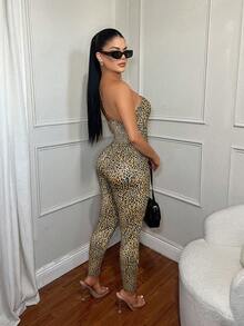 SHEIN SXY Áo liền quần hai dây gợi cảm họa tiết da báo khoét rỗng - màu nâu - Xem 2