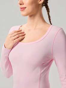 OutZeal 女士运动粉色T恤 日常休闲速干修身长袖U领运动上衣 - 粉色 - 查看 7