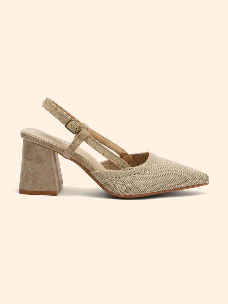 CUCCOO BASICS Pointed Toe Chunky Heel Apricot Knit Backstrap Buckle Comfortable Breathable Daily Versatile Commute Outdoor Necessary Women's High Heel Mules Spring Shoes