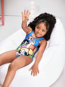 THE POWERPUFF GIRLS X SHEIN Young Girl Cartoon Print One-Piece Swimsuit For Beach Vacation - Multicolor - View 5